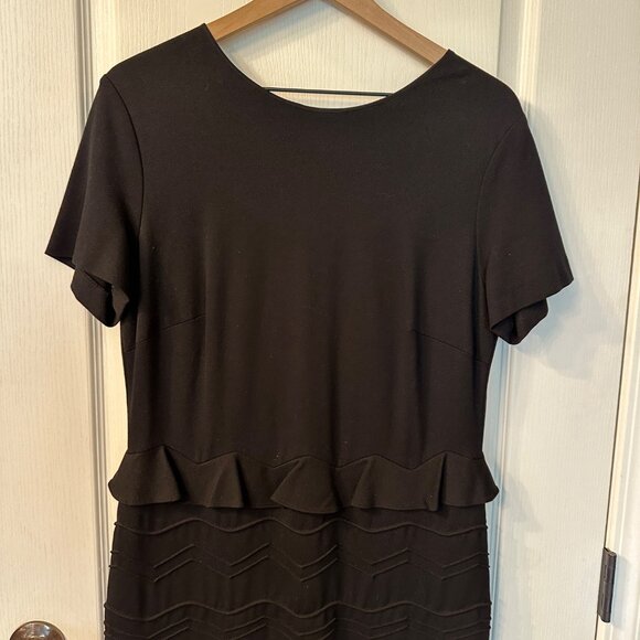 Escada | 44 XL Black Peplum Short Sleeve Pencil Dress Mod Career Stretch Viscose - Picture 3 of 11